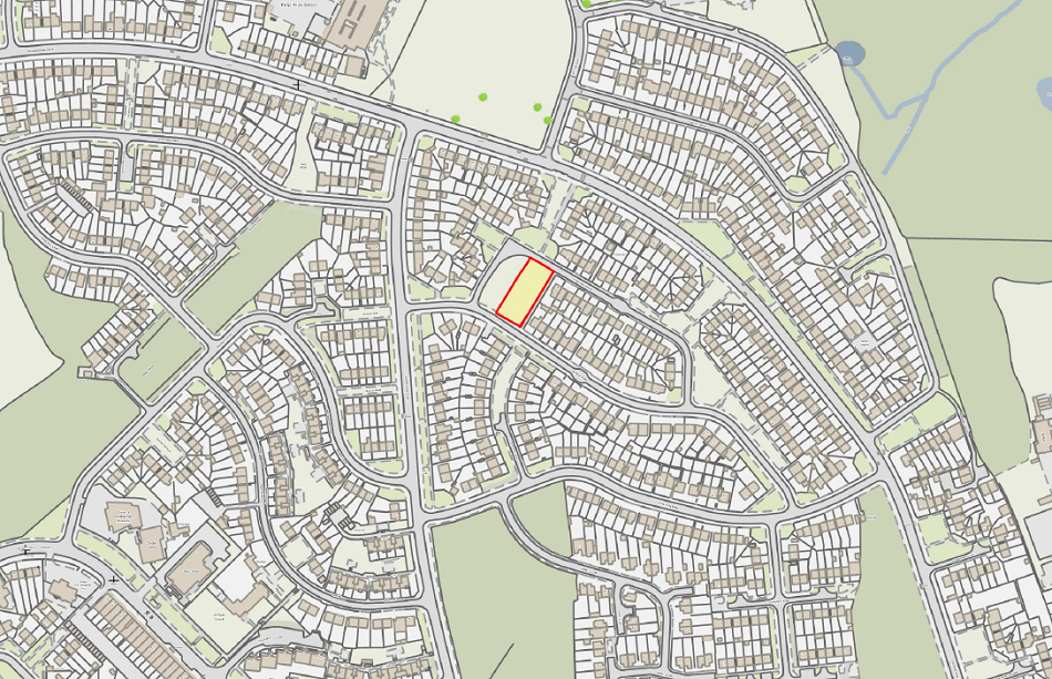 Image shows a map of Harold Hill, with the proposed development site outlined in red. Map shows residential areas and existing green spaces surrounding the site