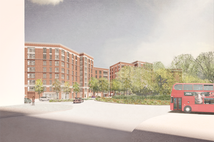 Image shows red bricked low rise building in distance, with road in foreground, depicting the new proposed development for Como street.