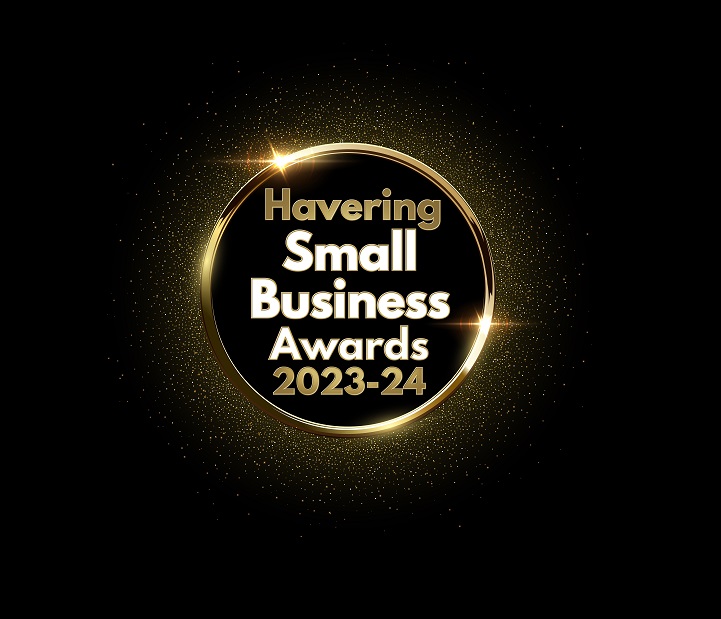 Small business awards logo, black background with gold circle around the words