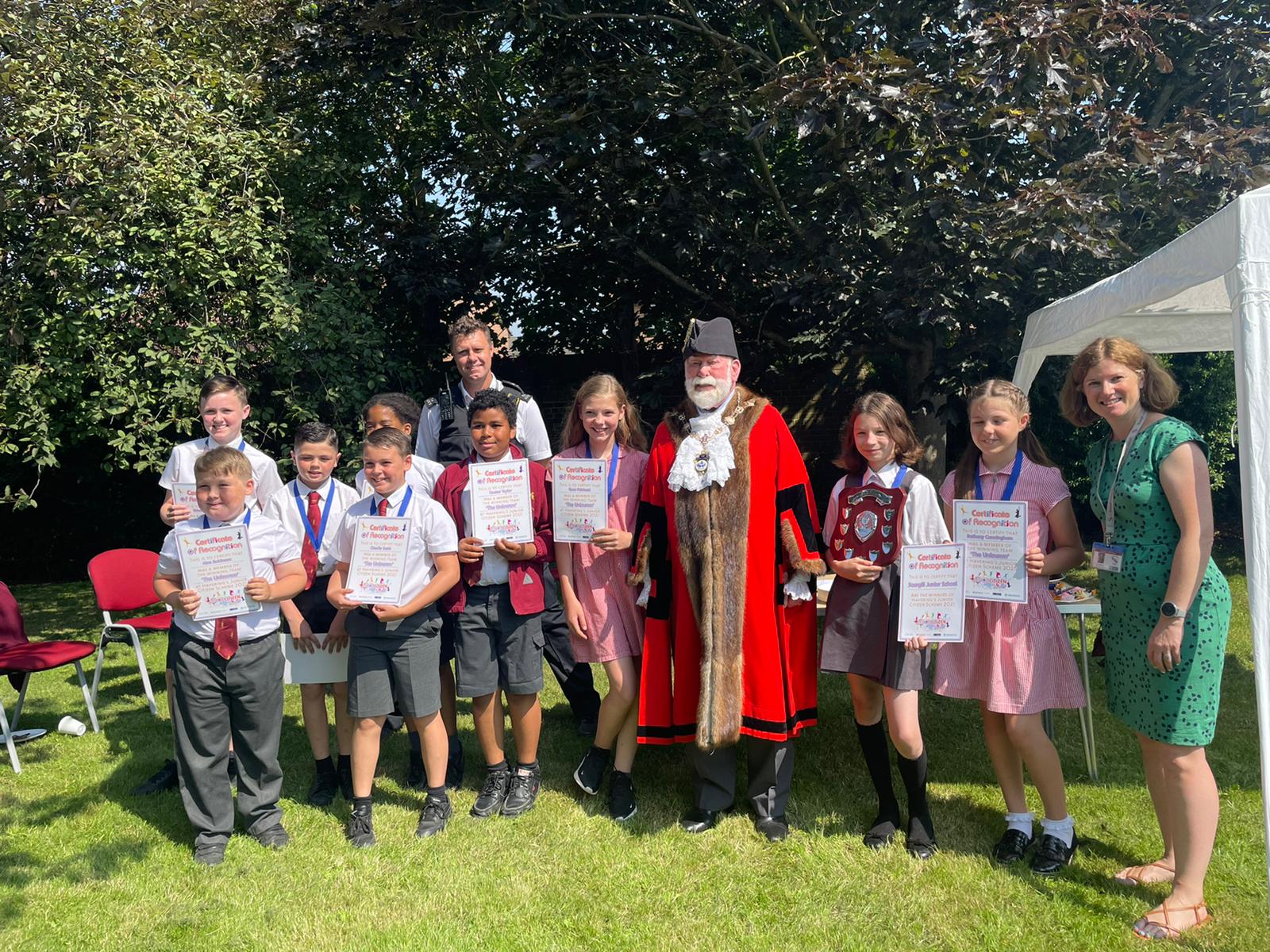 Mayor of Havering, Councillor John Mylod, with pupils from Scargill Primary School