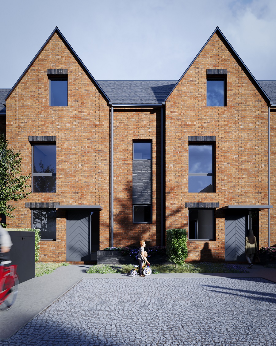 Image shows court yard with town houses in background