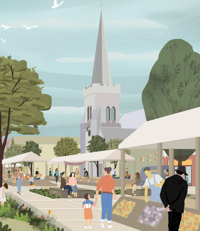 Image shows a cartoon depiction of the church spire, with colourful market stalls in the foreground, and people walking around. All underneath a light blue sky