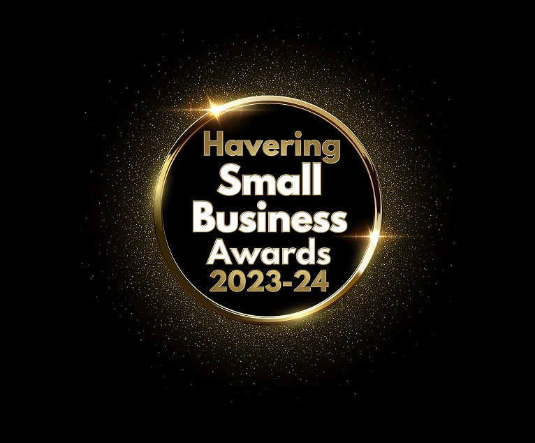 Black background with gold ring and words 'Havering Small Business Awards 2023/24'