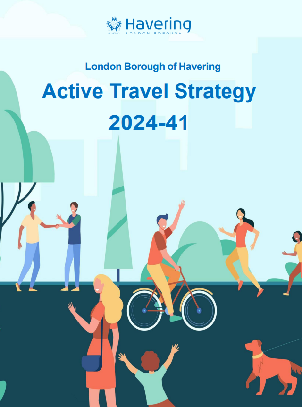 Image show front cover of the strategy document and features cartoon images of people smiling on bikes, walking their dog or walking