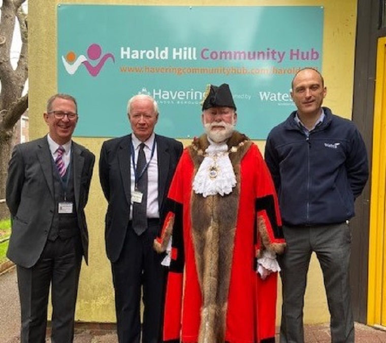 The Mayor, Councillor Mylod, with (L-R), Patrick Odling-Smee, Director of Housing, Councillor Roger Ramsey, and Adrian Fennessey, from Wates Residential at the opening of the community hub